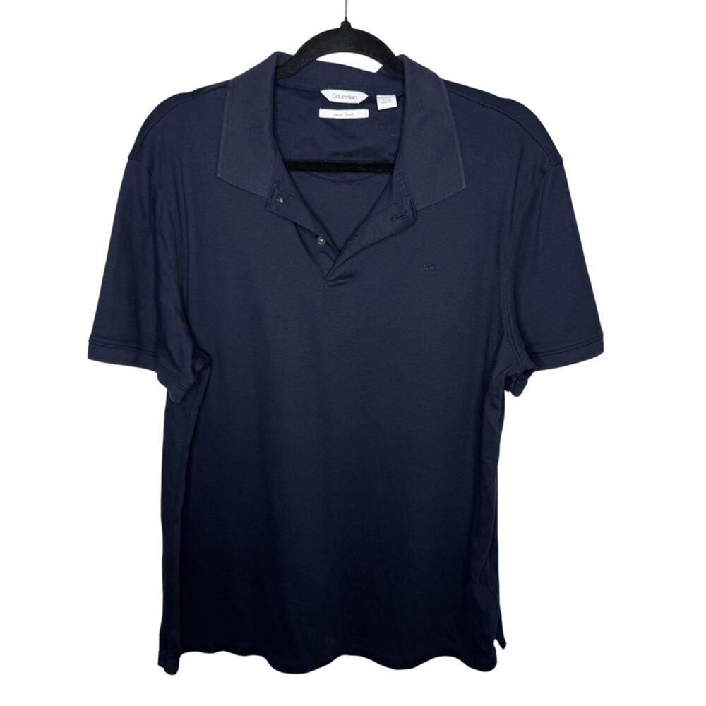 CALVIN KLEIN / navy blue liquid touch short sleeve collared polo shirt / L